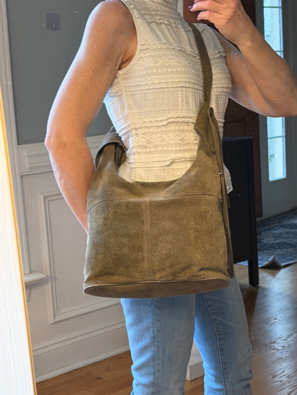 Vintage Boho Western Suede Leather Fringe Shoulder Bag Olive Green - Picture 8 of 17